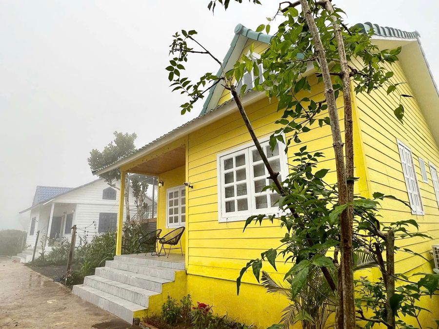 Hiên nhà vàng trong buổi sáng có sương